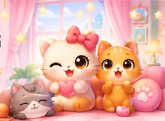 Cute cats in a soft pink casual game room