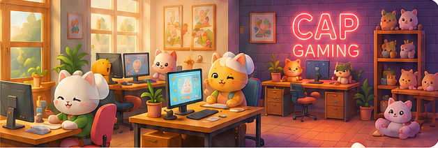 Cute CAP Gaming studio room with cats and game workstations